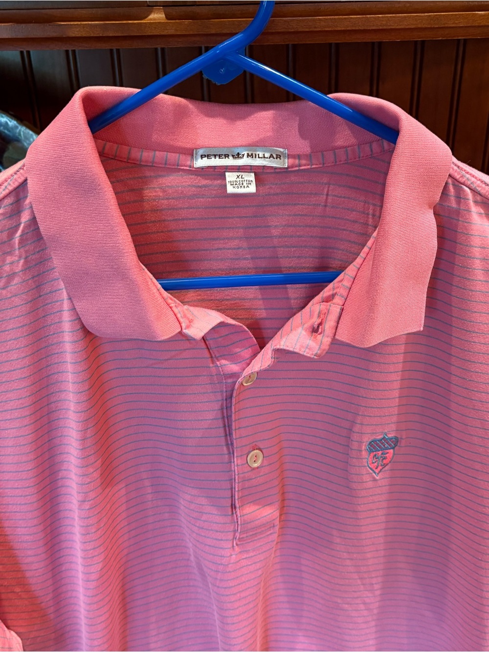 Peter Millar men’s golf polo. Sharp pink with micro blue stripes & logo. XL - Picture 3 of 6